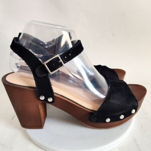 Gianni Bini Sandals Size 9 Black Suede Ankle Strap Wooden Platform Block Heel